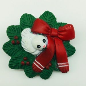 S LEHMAN Christmas Holiday Wreath White Bird & Red Bow Brooch Pin Plastic